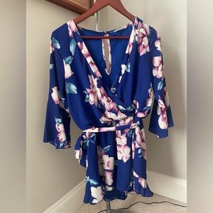 Floral blue & pink flower long sleeve romper summer spring beachy vacation